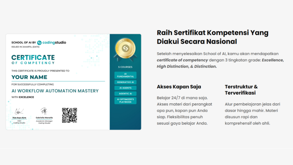 Sertifikat Kompetensi Resmi dari Program Pembelajaran AI dari Coding Studio